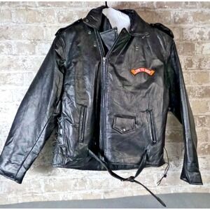 Diamond Plate Buffalo Leather Jacket Mens 2XL Black Eagle USA Patch Motorcycle